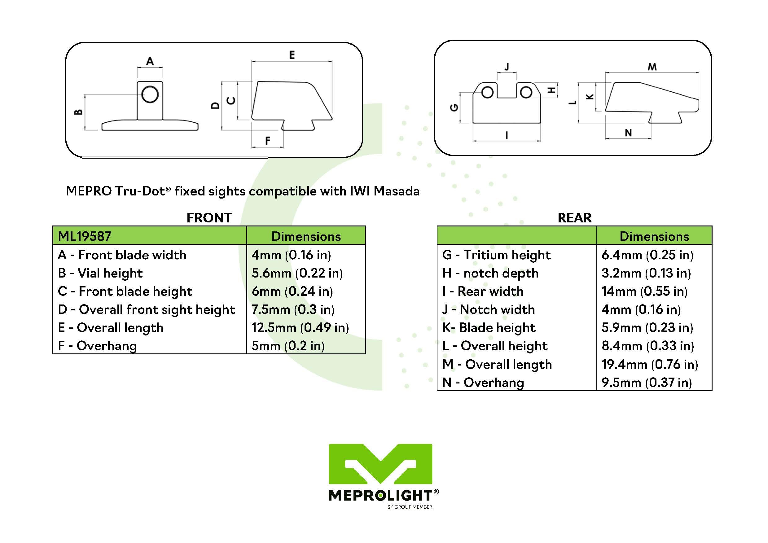 Mepro Tru-Dot tritium Night Sights Compatible with IWI Masada 9 (not Masada Slim) Green dots Glow on Sight self Illuminated Meprolight Fixed Metal Sights