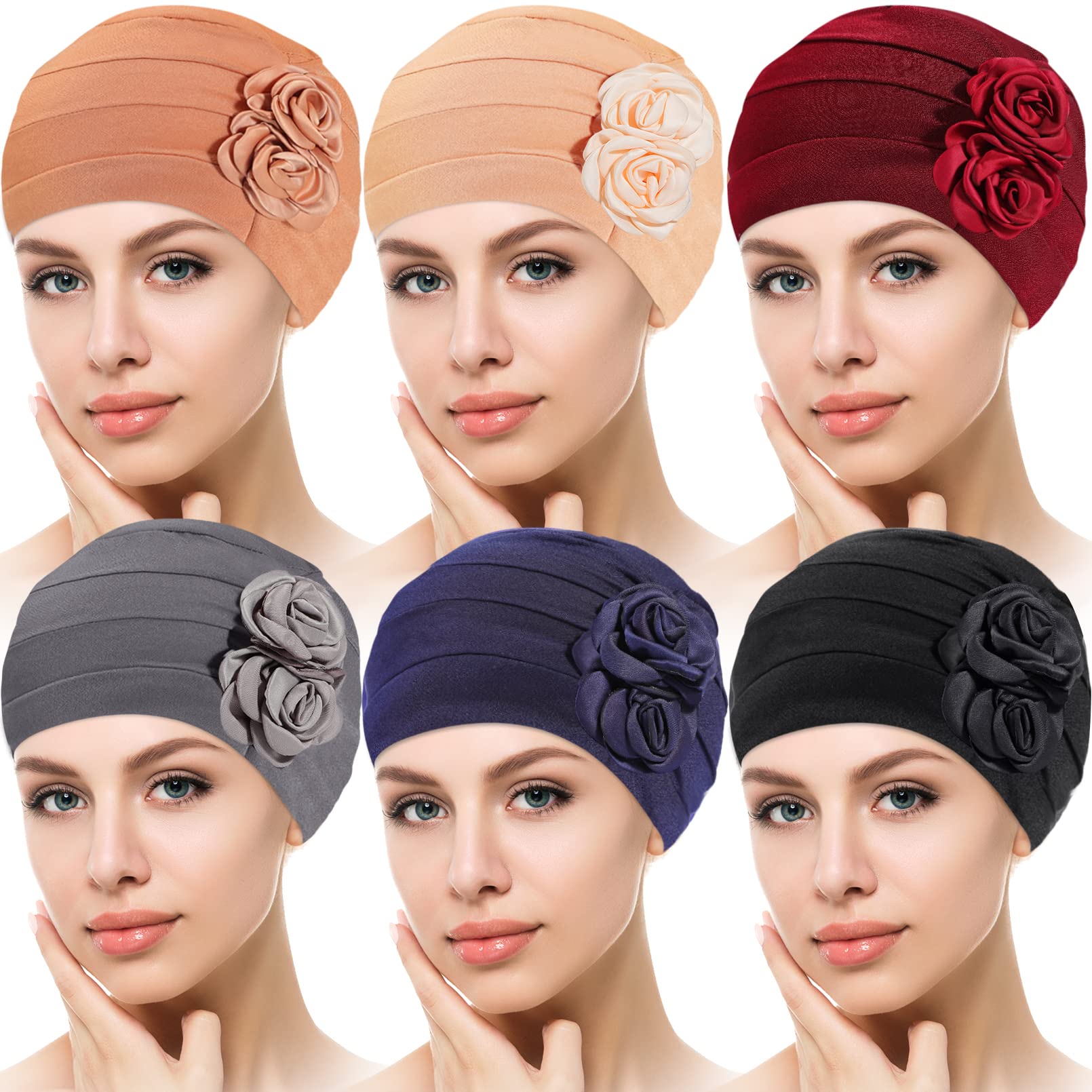 6 PCS Women Turban Flower Caps,Head Wrap Beanie Cap,Vintage Headwrap Hats,Elastic Headwear Headscarf,Fashion Slouchy Hat