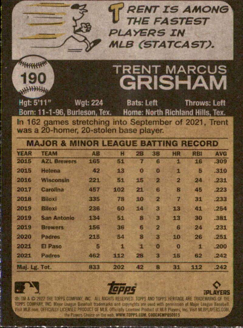 2022 Topps Heritage #190 Trent Grisham San Diego Padres Official MLB Baseball Card in Raw (NM or Better) Condition