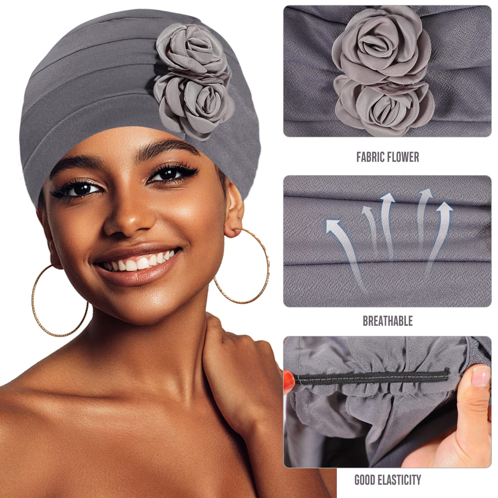 6 PCS Women Turban Flower Caps,Head Wrap Beanie Cap,Vintage Headwrap Hats,Elastic Headwear Headscarf,Fashion Slouchy Hat