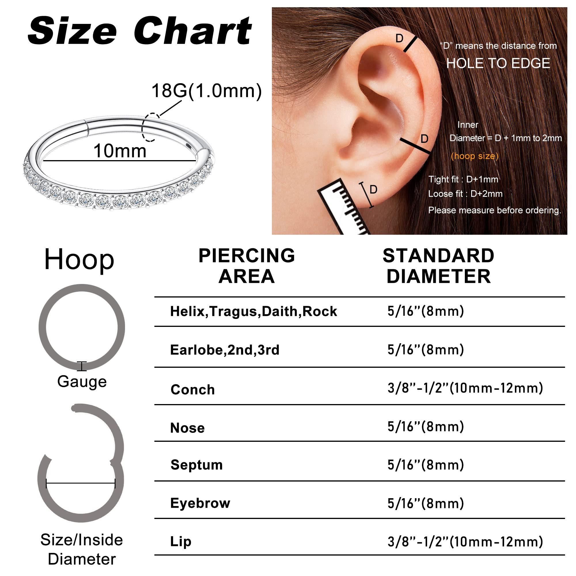 SAILIMUE G23 Titanium CZ Nose Rings Hoop for Women 18G 16G Clicker Hinged Segment Septum Lip Rings Tragus Conch Helix Cartilage Rook Daith Earrings Hoop Piercing Jewelry Diameter 6mm 8mm 10mm Silver