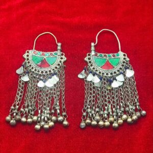 Red and Green Oversized Bells Chaandbaliyaan, Massive Kuchi Boho Earrings With Long Bells, Traditional Afghani Earrings, Vintage Jewelry