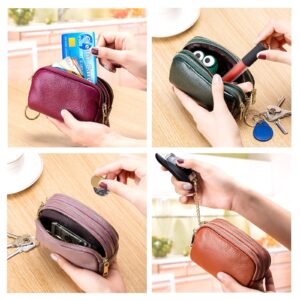 LINNO 3 Zippered Genuine Leather Coin Purse Triple Capacity Change Pouch Little Travel Wallet With Key Ring for Women