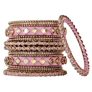 Aheli Pink Silk Thread Kundan Chuda Chura Bangle Set For Women and Girls (Size - 2.6)