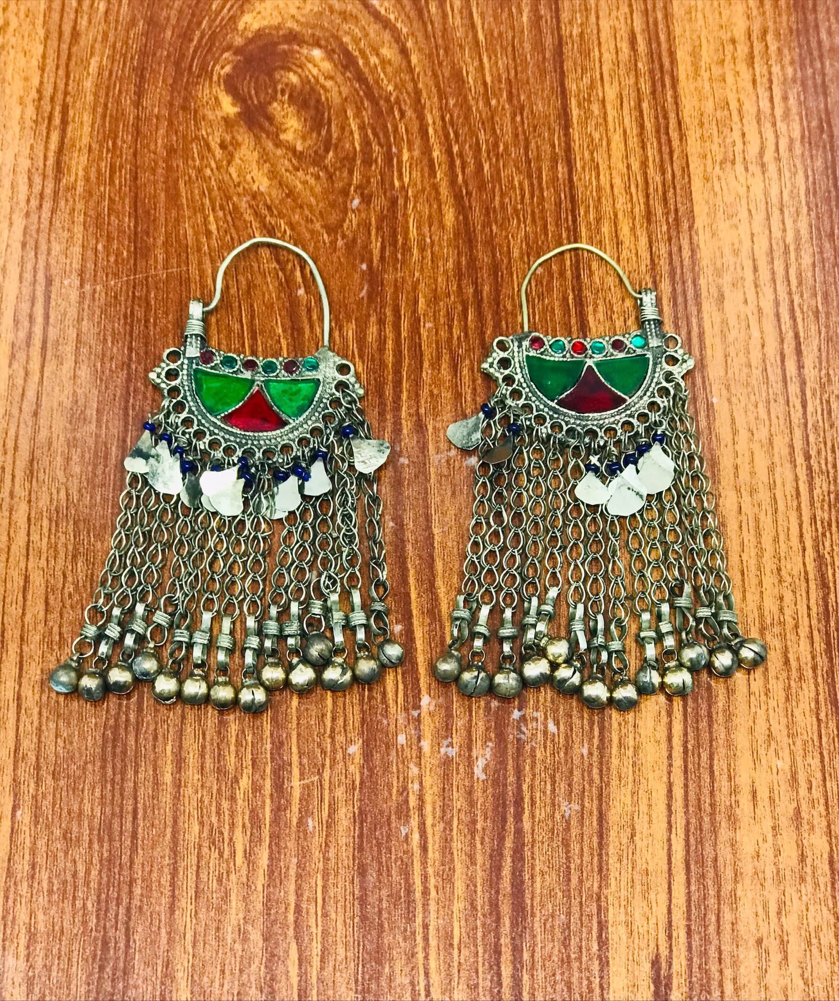 Red and Green Oversized Bells Chaandbaliyaan, Massive Kuchi Boho Earrings With Long Bells, Traditional Afghani Earrings, Vintage Jewelry