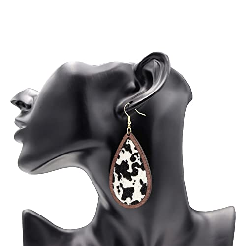 Cow Print Earrings Lightweight Leather Wood Teardrop Hook Earrings Handmade Hypoallergenic Earrings For Women Girls Dangle Drop Cow hide Western Earring White Black/Brown (White Black)