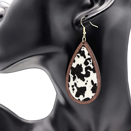 Cow Print Earrings Lightweight Leather Wood Teardrop Hook Earrings Handmade Hypoallergenic Earrings For Women Girls Dangle Drop Cow hide Western Earring White Black/Brown (White Black)