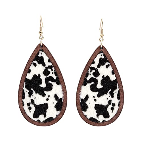 Cow Print Earrings Lightweight Leather Wood Teardrop Hook Earrings Handmade Hypoallergenic Earrings For Women Girls Dangle Drop Cow hide Western Earring White Black/Brown (White Black)