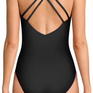 Speedo Womens Swimsuit One Piece Black Adult V-Neck with Back Interest, Conservative Cut (Medium)