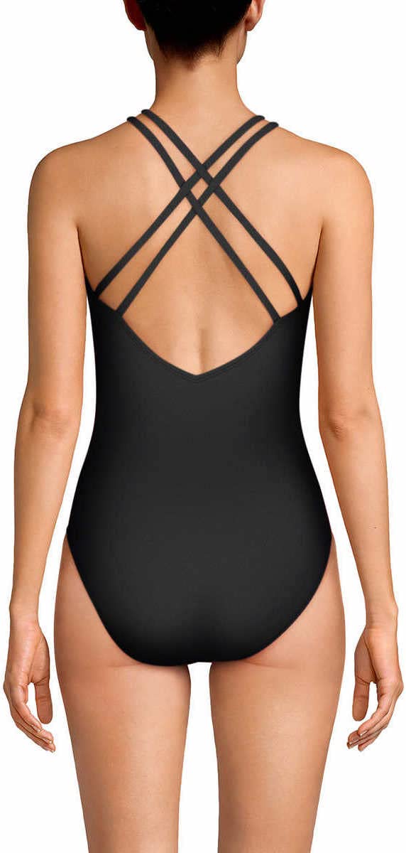 Speedo Womens Swimsuit One Piece Black Adult V-Neck with Back Interest, Conservative Cut (Medium)