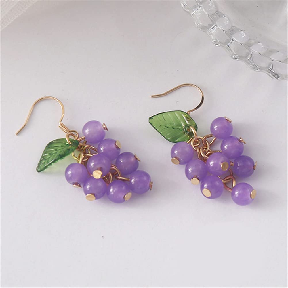 DIYANMMY 3D Green Grapes Drop Earrings Cute Fruit Pink Peach Acrylic Gold Dangle Earrings for Women Charm Jewelry Gift (purple Grape Earrings)