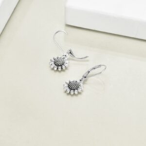 POPLYKE Antiqued Sunflower Leverback Dangle Earrings S925 Sterling Silver Sunflower Earrings for Women