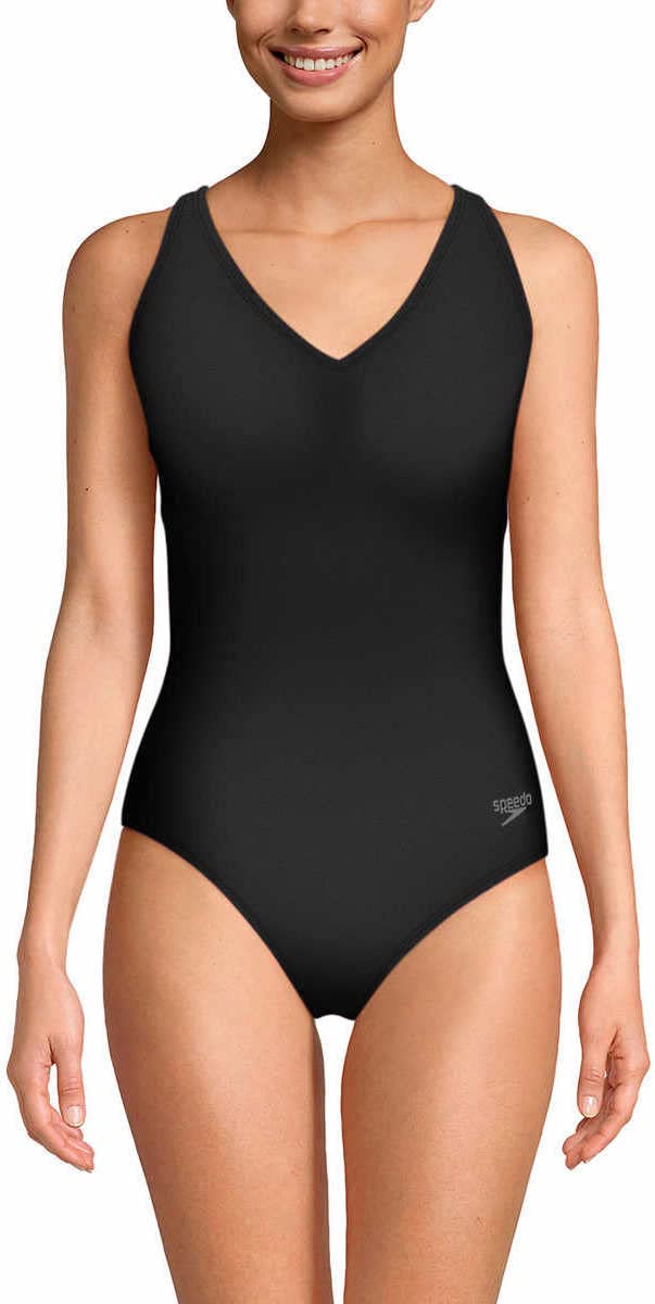 Speedo Womens Swimsuit One Piece Black Adult V-Neck with Back Interest, Conservative Cut (Medium)