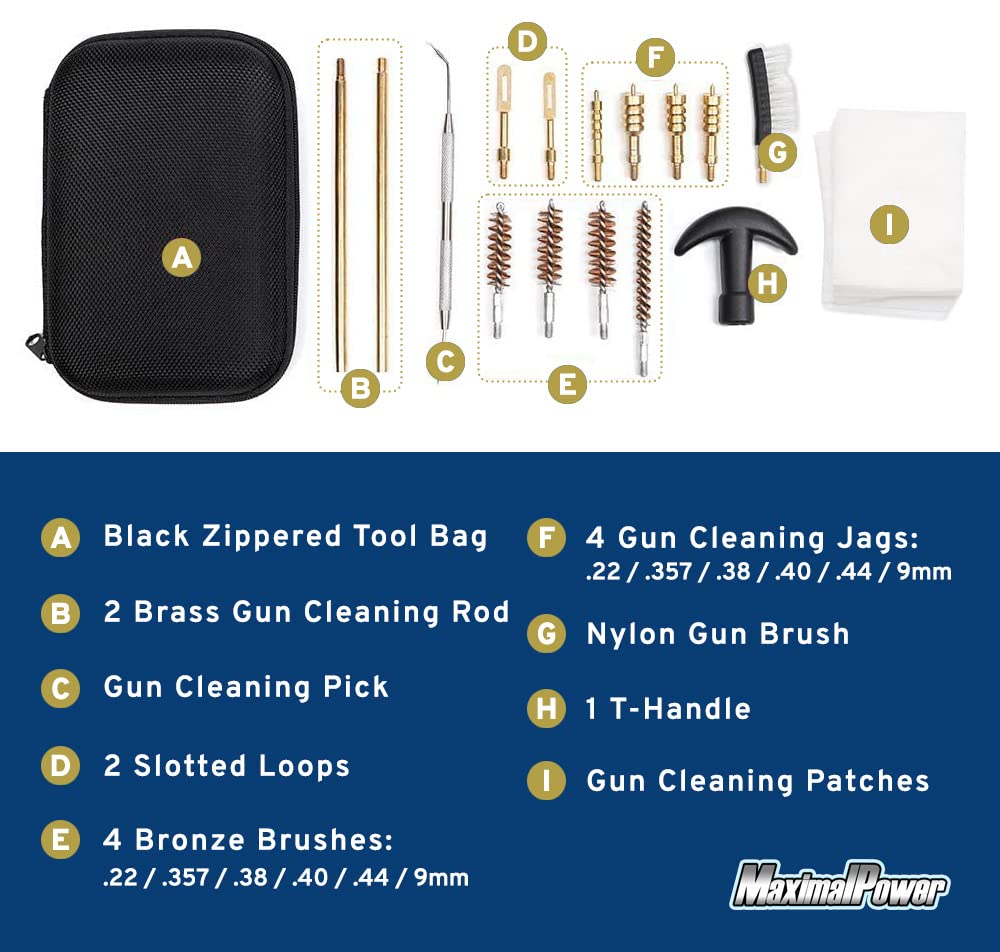 MaximalPower Mini Gun Cleaning Kit for .40 .45 .22 .38 9mm Caliber - Bore Brush and Brass Jags Adapter for Rifle Pistol - Includes Portable Travel Case - 16 Piece Set