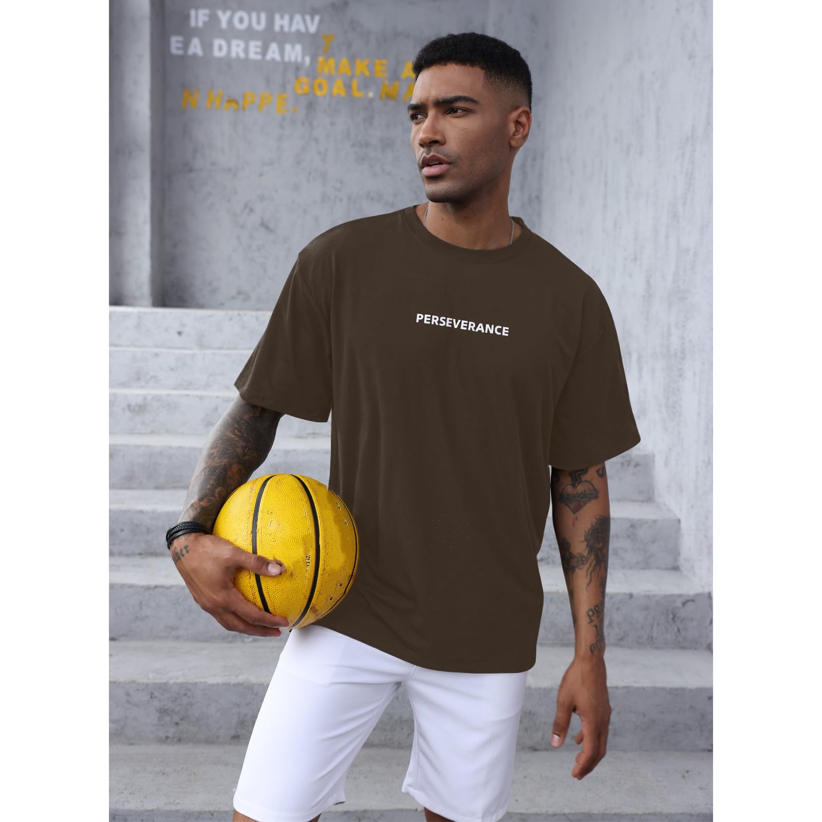 YawYews Men's Fashion Workout T-Shirt Casual Short Sleeve Plain T Shirts Loose Athletic Gym Shirts A Brown