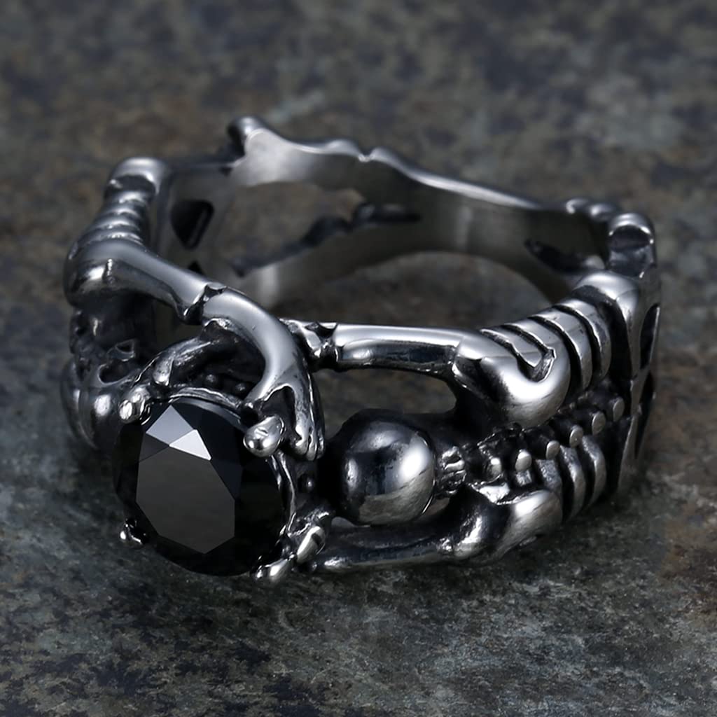 Retro Vintage Stainless Steel Skeleton Skull Gothic Wedding Halloween Statement Biker Ring (Silver Black, 7)