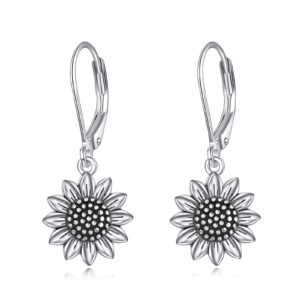 poplyke antiqued sunflower leverback dangle earrings s925 sterling silver sunflower earrings for women