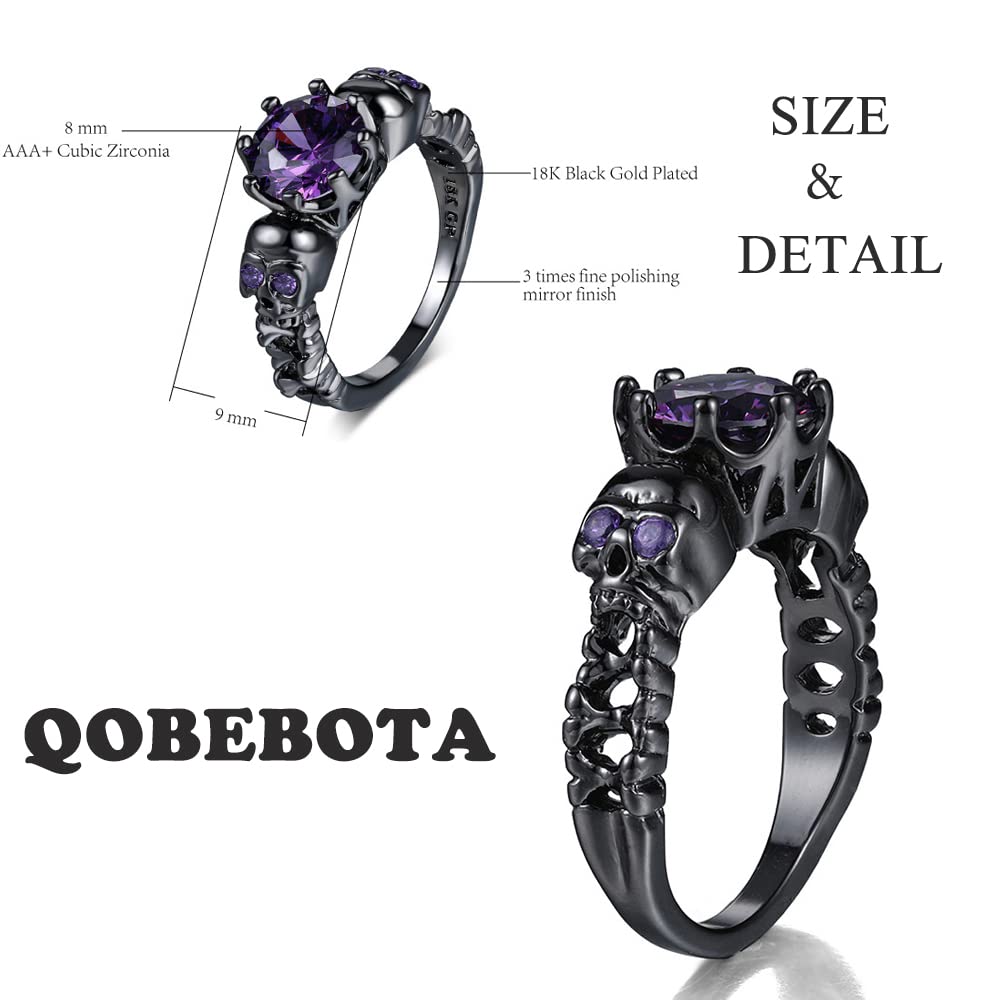 QOBEBOTA Cool Size 9 Black Gold Skull Statement Rings Purple Amethyst Ring Vampire Ring Gothic Band Rings Halloween Gifts Goth Jewelry Stainless Steel Rings for Women