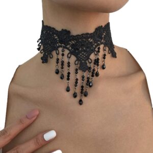 Asphire Gothic Lace Choker Necklace Black Crystal Tassel Collar Necklace Sexy Women's Costume Party Vintage Thick Choker (A)