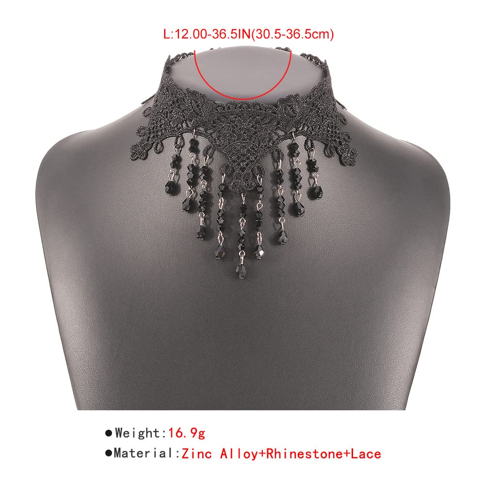 Asphire Gothic Lace Choker Necklace Black Crystal Tassel Collar Necklace Sexy Women's Costume Party Vintage Thick Choker (A)