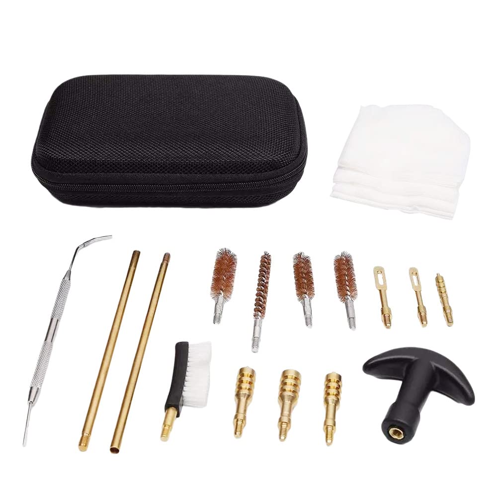 MaximalPower Mini Gun Cleaning Kit for .40 .45 .22 .38 9mm Caliber - Bore Brush and Brass Jags Adapter for Rifle Pistol - Includes Portable Travel Case - 16 Piece Set