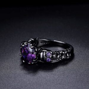 QOBEBOTA Cool Size 9 Black Gold Skull Statement Rings Purple Amethyst Ring Vampire Ring Gothic Band Rings Halloween Gifts Goth Jewelry Stainless Steel Rings for Women