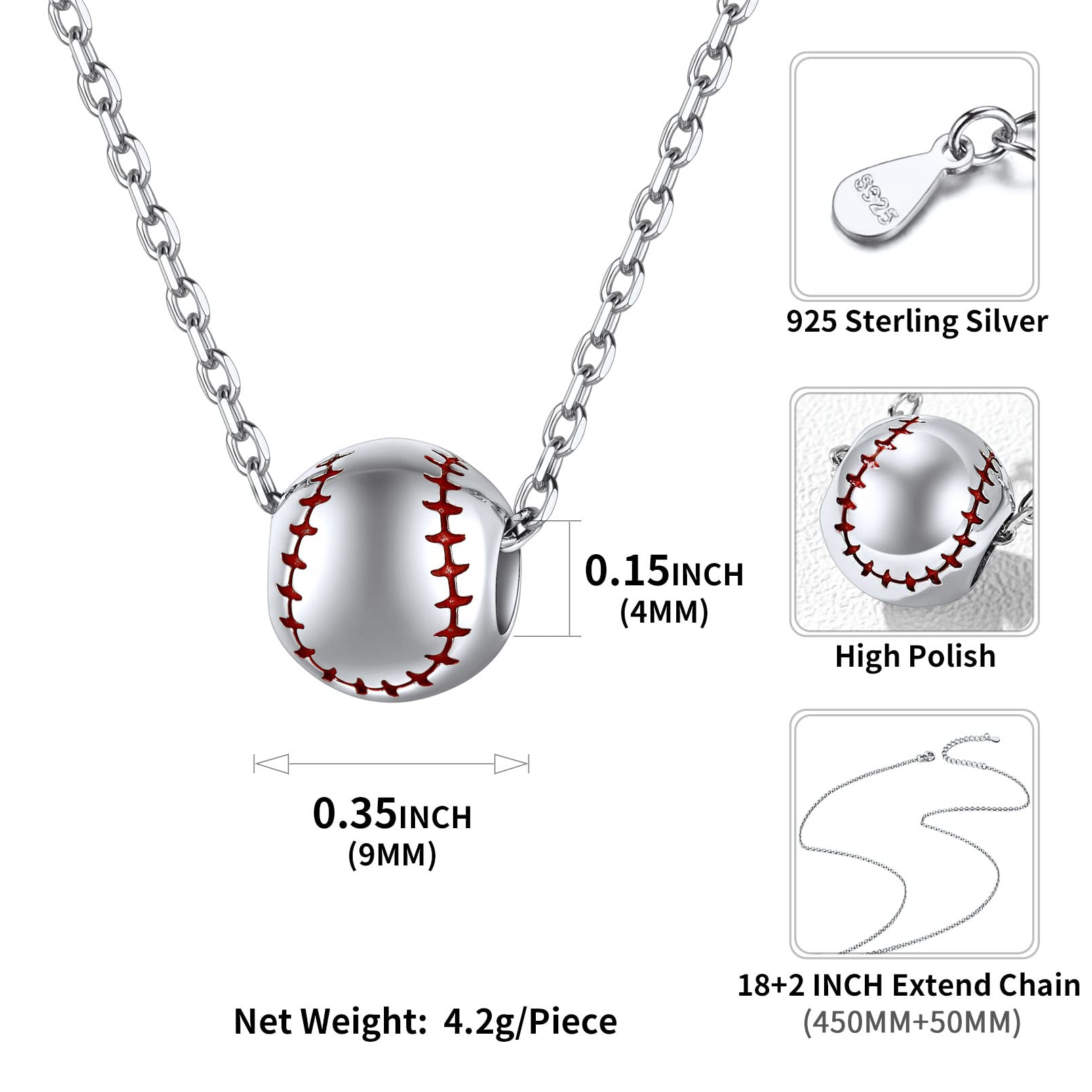 Baseball Necklaces for Women Men 925 Sterling Silver Baseball Pendant with 18 Inches Chain Sports Jewelry for Baseball Lover