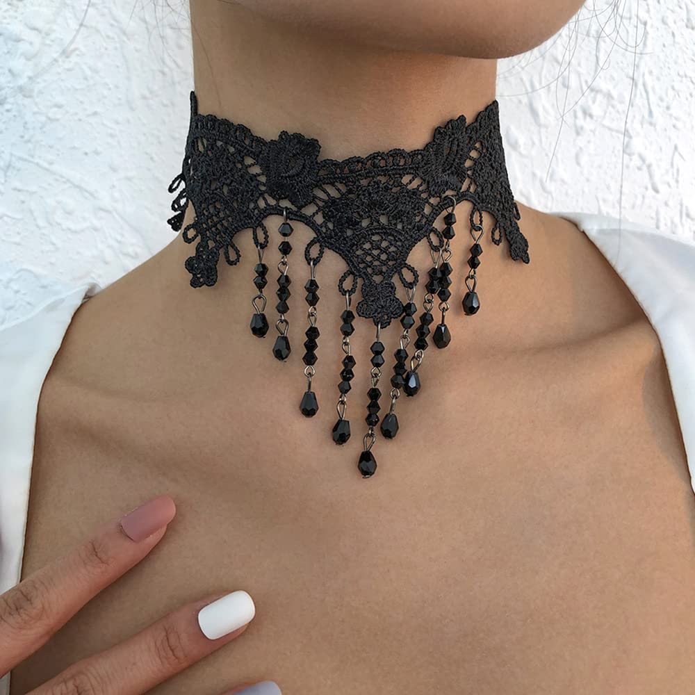 Asphire Gothic Lace Choker Necklace Black Crystal Tassel Collar Necklace Sexy Women's Costume Party Vintage Thick Choker (A)