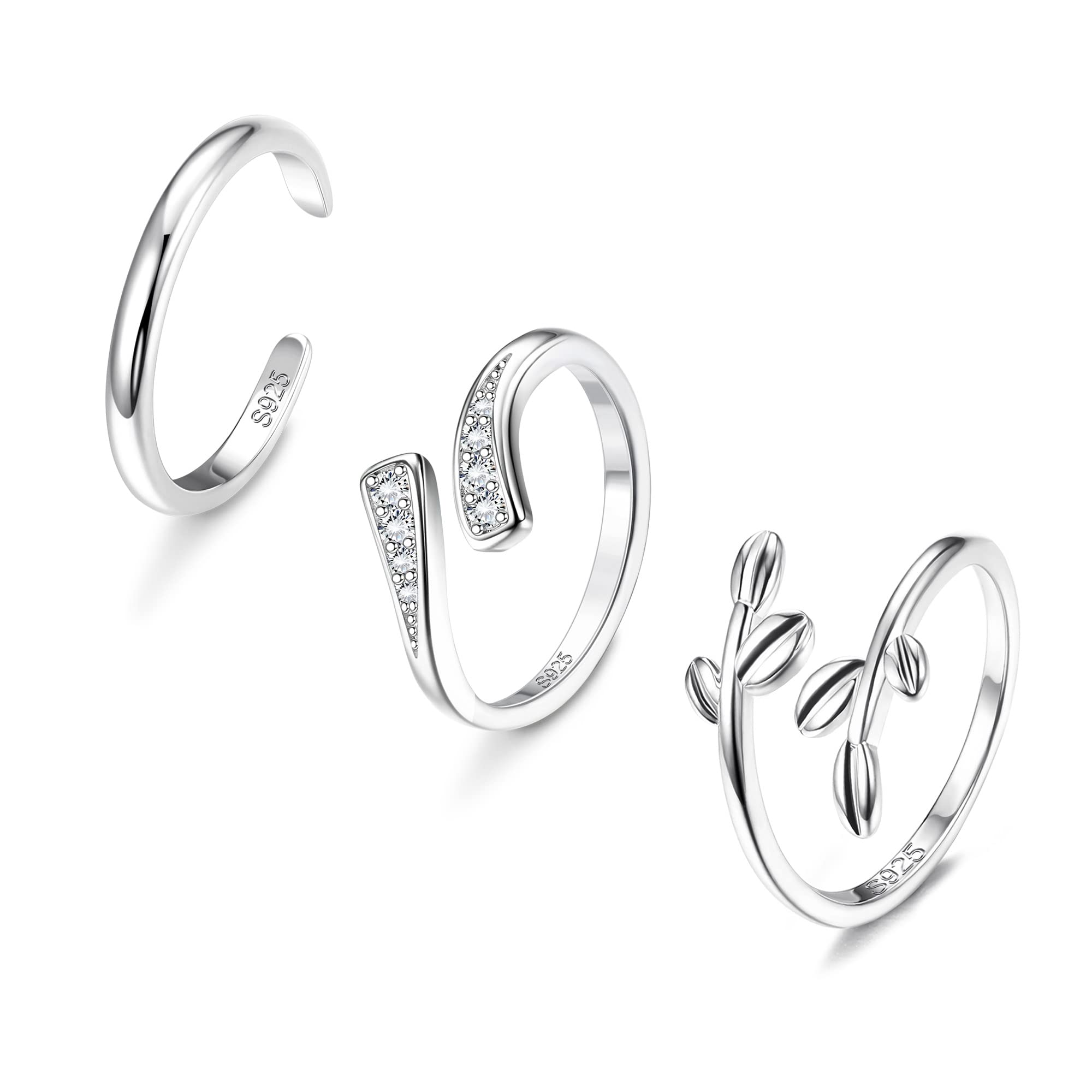 ADRAMATA Toe Rings for Women 925 Sterling Silver Toe Rings Set CZ Inlaid Trendy Summer Beach Foot Jewelry Adjustable Open Toe Rings Hug & Leaf & Simple Rings