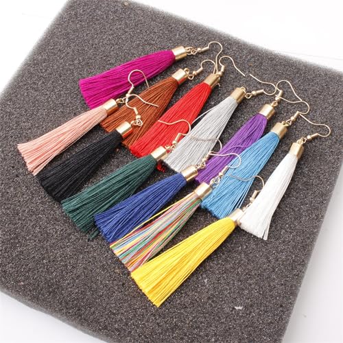 SWEETGRJ 9 Pairs Long Tassel Earrings Set for Women Girls Fashion Handmade Colorful Bohemian Woven Thread Dangle Drop Boho Statement Fringe Earrings Birthday Christmas Valentines Day Gift, Zinc,