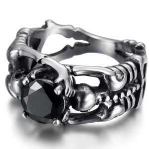 retro vintage stainless steel skeleton skull gothic wedding halloween statement biker ring (silver black, 7)