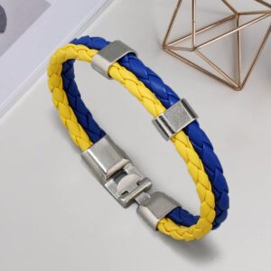 Aspcsmomt Ukraine Flag Coloring Woven Leather Bracelet,PU Wrap Bangle with Alloy Clasp,National Cuff Rope Wristband Jewelry for Mens Women Adults (Ukraine B)