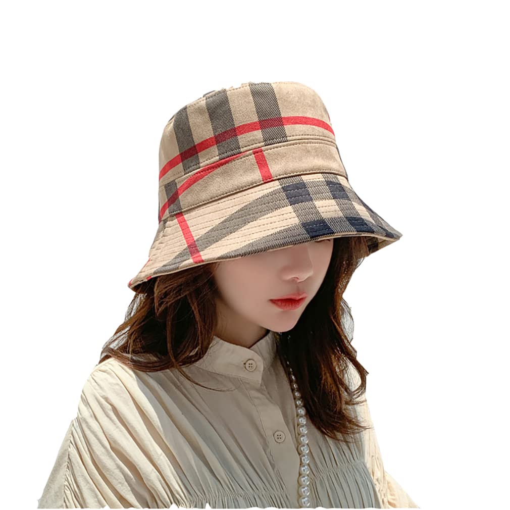 RUINUO Plaid Bucket Hat Women Soft Sun Hat for Spring Summer Autumn Winter Travel Velvet Tartan Packable Bucket Hats Kaki