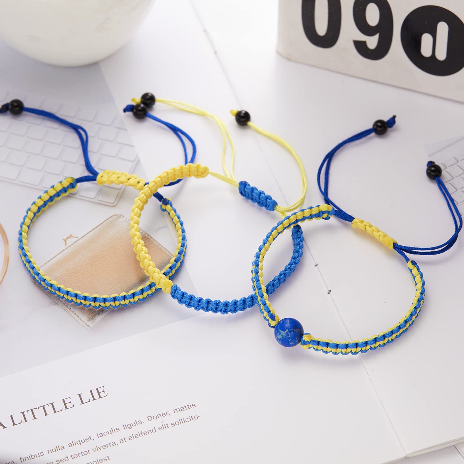 Pingyongchang 4 PCS Ukrainian Yellow Blue Bracelet Set Hand Braided Adjustable Handmade Braided Rope Bracelet String Thread Bracelets Bracelet with Natural Crystal Bracelet