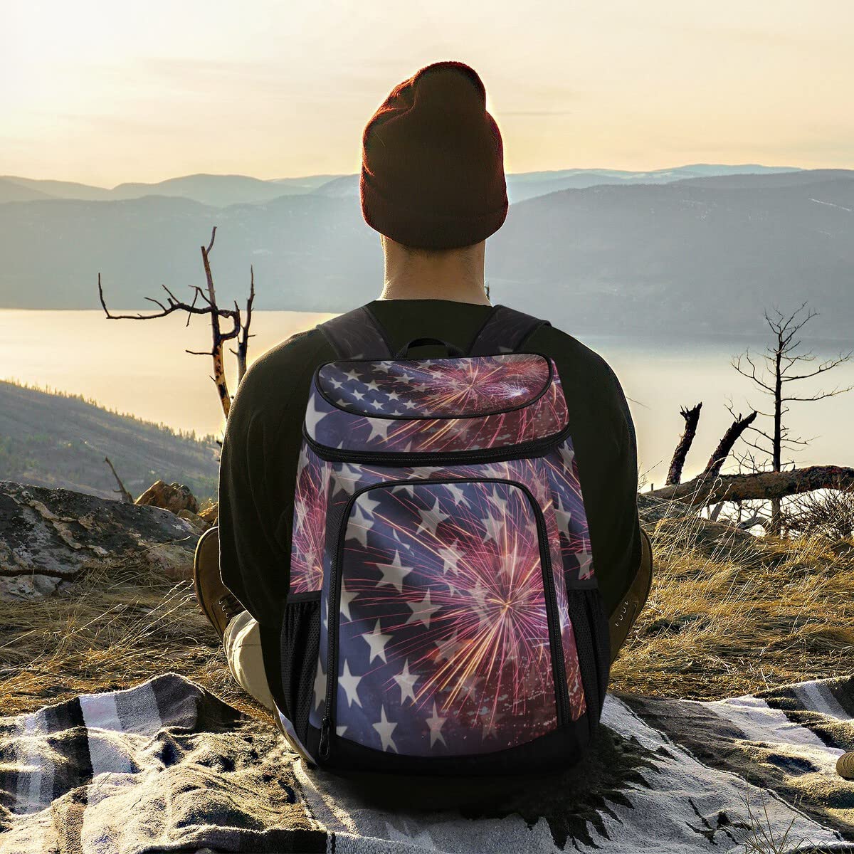 American Flag Firework Memorial Cooler Backpack Leakproof Backpack Cooler Insulated Lunch Cooler Bag 30 Cans Camping Coolers for Picnic Beach Road Trip