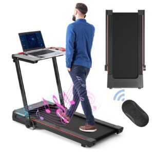 gymax treadmill with desk, 3 in 1 under desk treadmill walking pad with removable desktop, led monitor, 12 preset programs, built-in speaker & remote, foldable treadmill for office home gym (black)