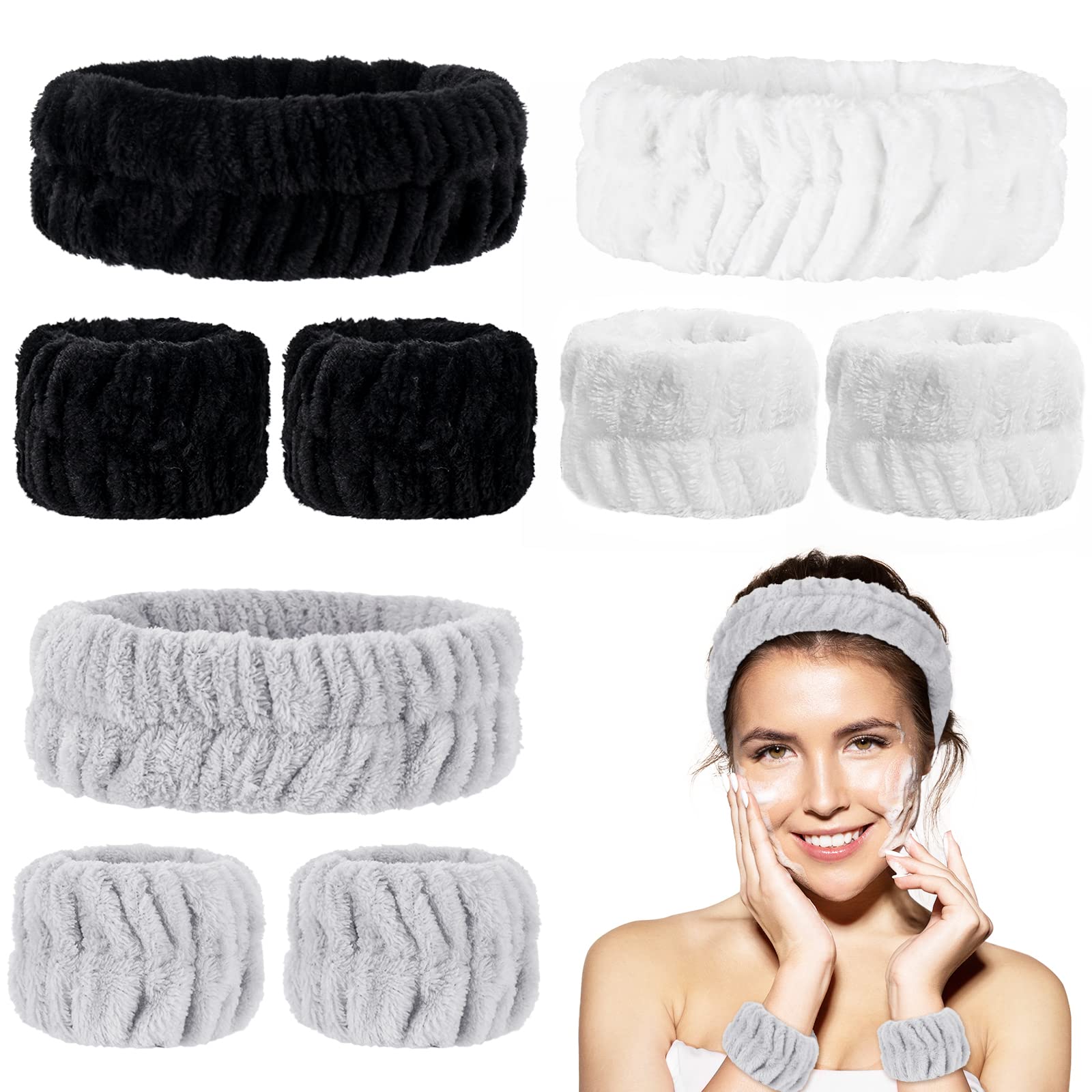 Whaline 9Pcs Washing Face Headband and Wrist Washband Set White Grey Black Makeup Headbands Soft Spa Headband Stretchy Head Wrap for Girls Women Yoga Sports Shower Hair Wrist Accessories