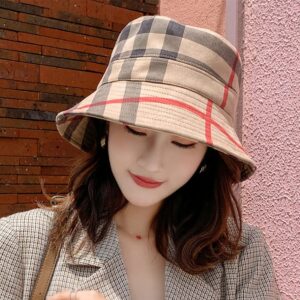 RUINUO Plaid Bucket Hat Women Soft Sun Hat for Spring Summer Autumn Winter Travel Velvet Tartan Packable Bucket Hats Kaki