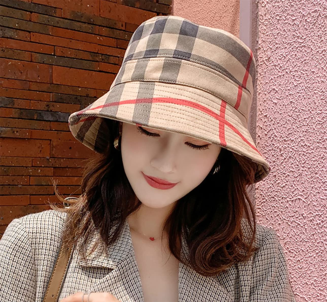 RUINUO Plaid Bucket Hat Women Soft Sun Hat for Spring Summer Autumn Winter Travel Velvet Tartan Packable Bucket Hats Kaki