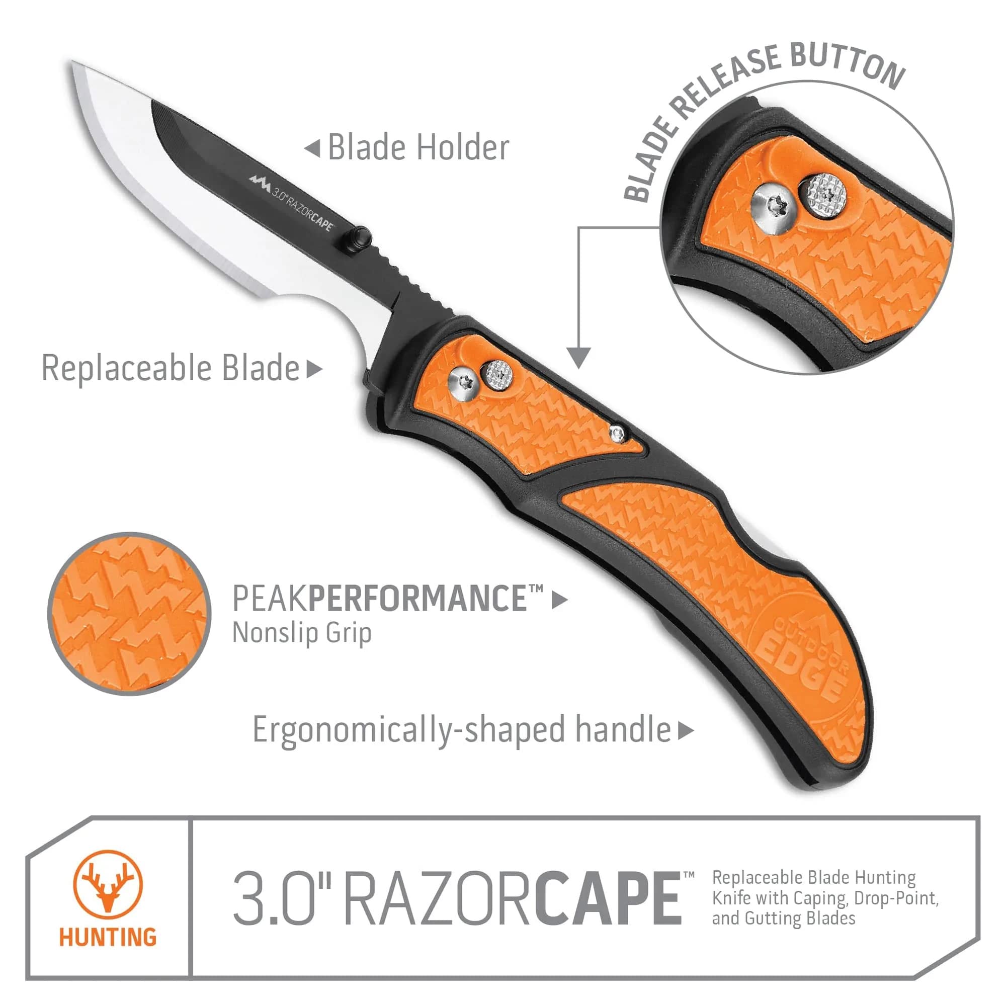 OUTDOOR EDGE 3" RazorCape Pocket Knife with Replaceable Blades and Clip. The Perfect Folding Compact Hunting Knife for Caping & Skinning Deer. (Orange)