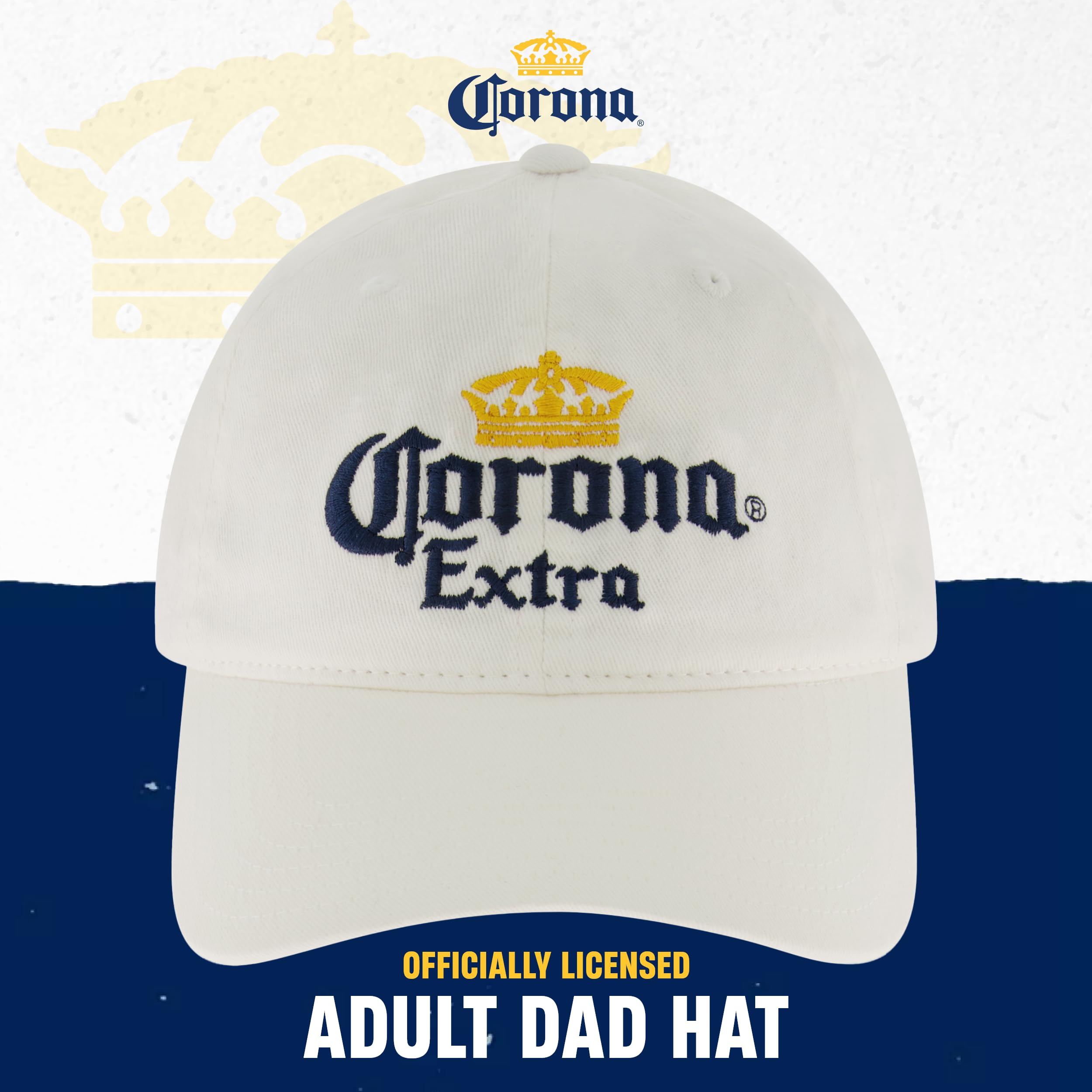 Concept One Corona Extra Dad Hat, Cotton Baseball Cap with Embroidered Logo, Adjustable Baseball Hat, White, One Size