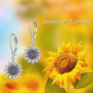 POPLYKE Antiqued Sunflower Leverback Dangle Earrings S925 Sterling Silver Sunflower Earrings for Women