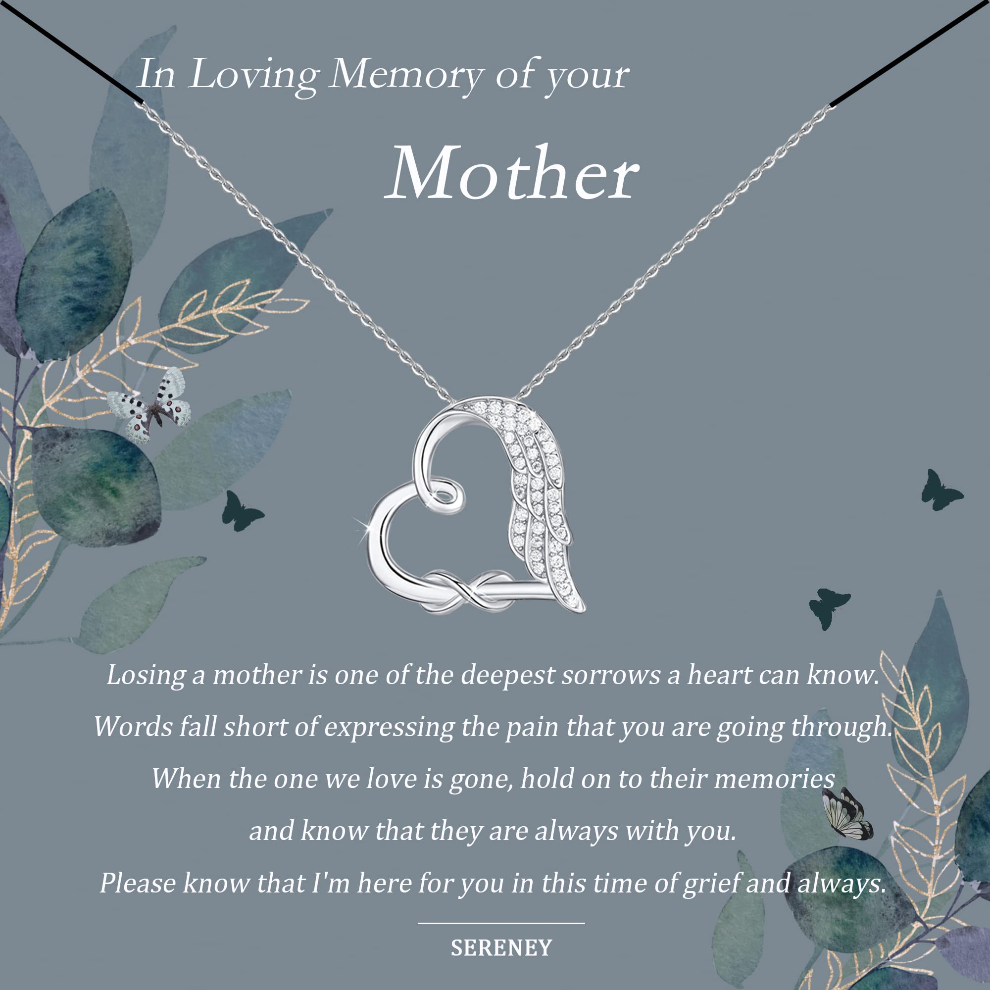 Memorial Gifts for Loss of Mom, 925 Sterling Silver Angel Wing Infinity Love Heart Pendant Necklace as Sympathy Bereavement Condolence Remembrance Funeral Grief Gifts for Loss Mother