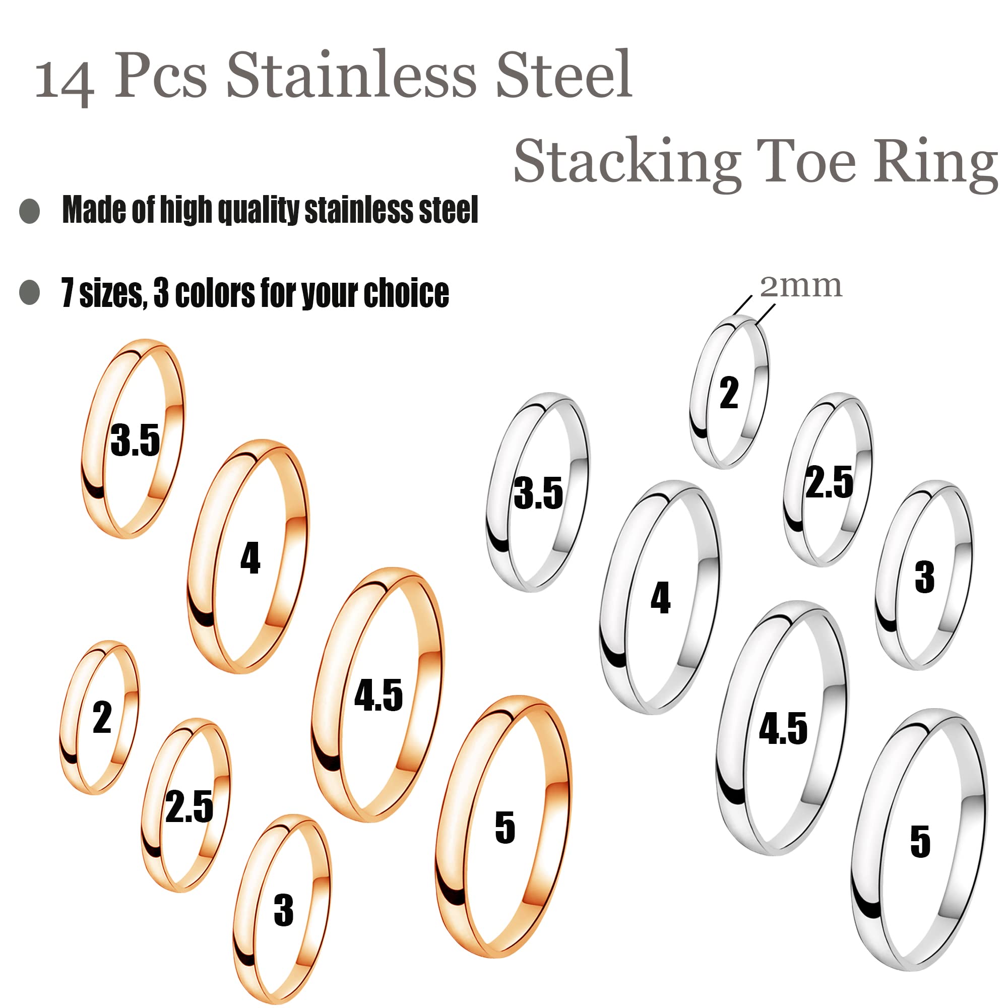 MJust 14PCS 1mm Stainless Steel Women's Plain Band Knuckle Stacking Midi Toe Rings Comfort Fit