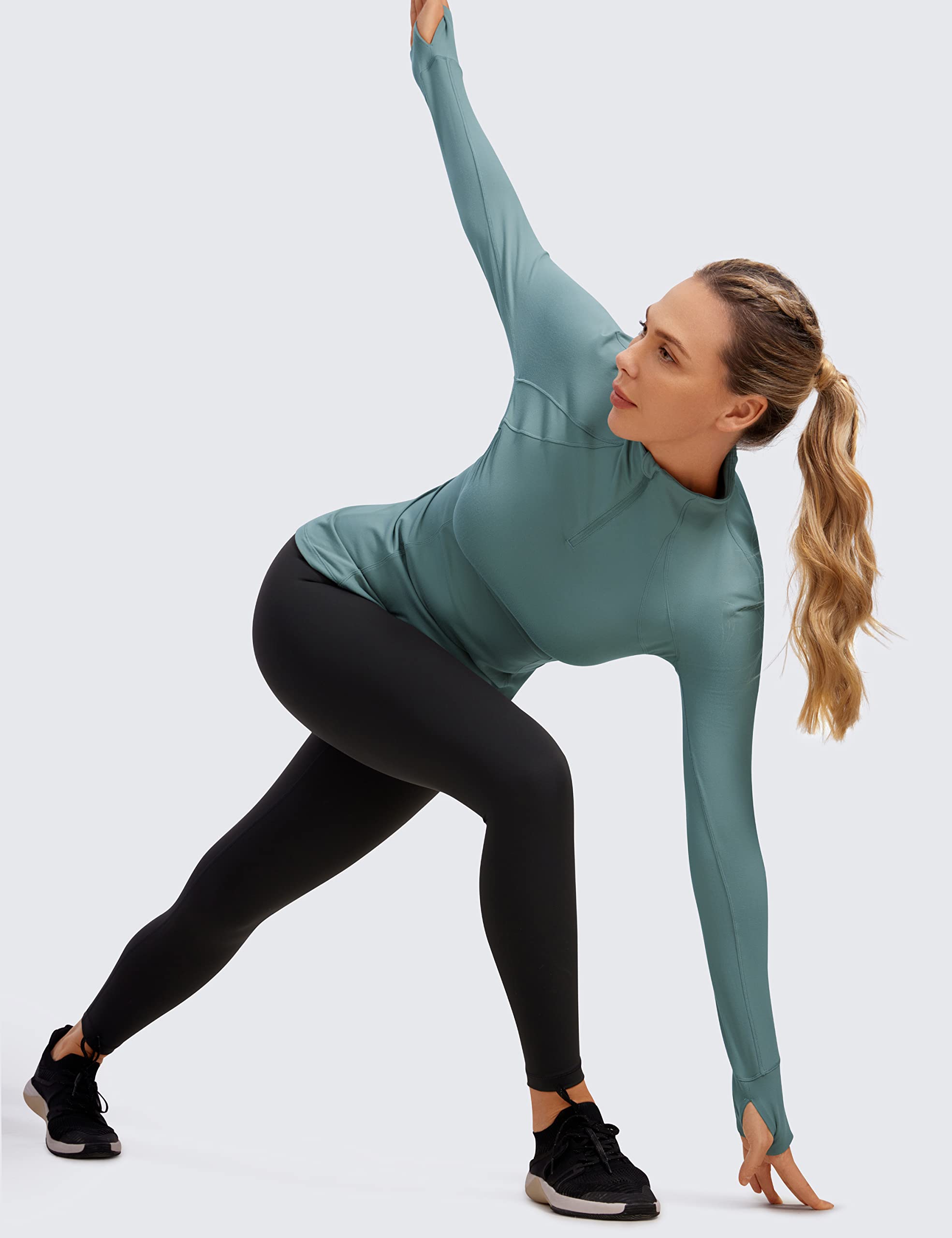 CRZ YOGA Women's Long Sleeve Quarter Zip Pullover Slim Fit Athletic Yoga Tops Workout Running Shirts with Thumbholes Turquoise Medium