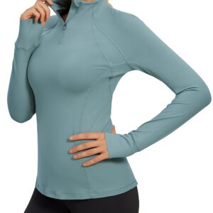 CRZ YOGA Women's Long Sleeve Quarter Zip Pullover Slim Fit Athletic Yoga Tops Workout Running Shirts with Thumbholes Turquoise Medium