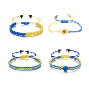 Pingyongchang 4 PCS Ukrainian Yellow Blue Bracelet Set Hand Braided Adjustable Handmade Braided Rope Bracelet String Thread Bracelets Bracelet with Natural Crystal Bracelet