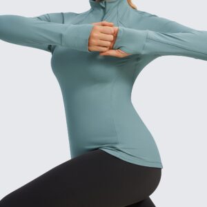 CRZ YOGA Women's Long Sleeve Quarter Zip Pullover Slim Fit Athletic Yoga Tops Workout Running Shirts with Thumbholes Turquoise Medium