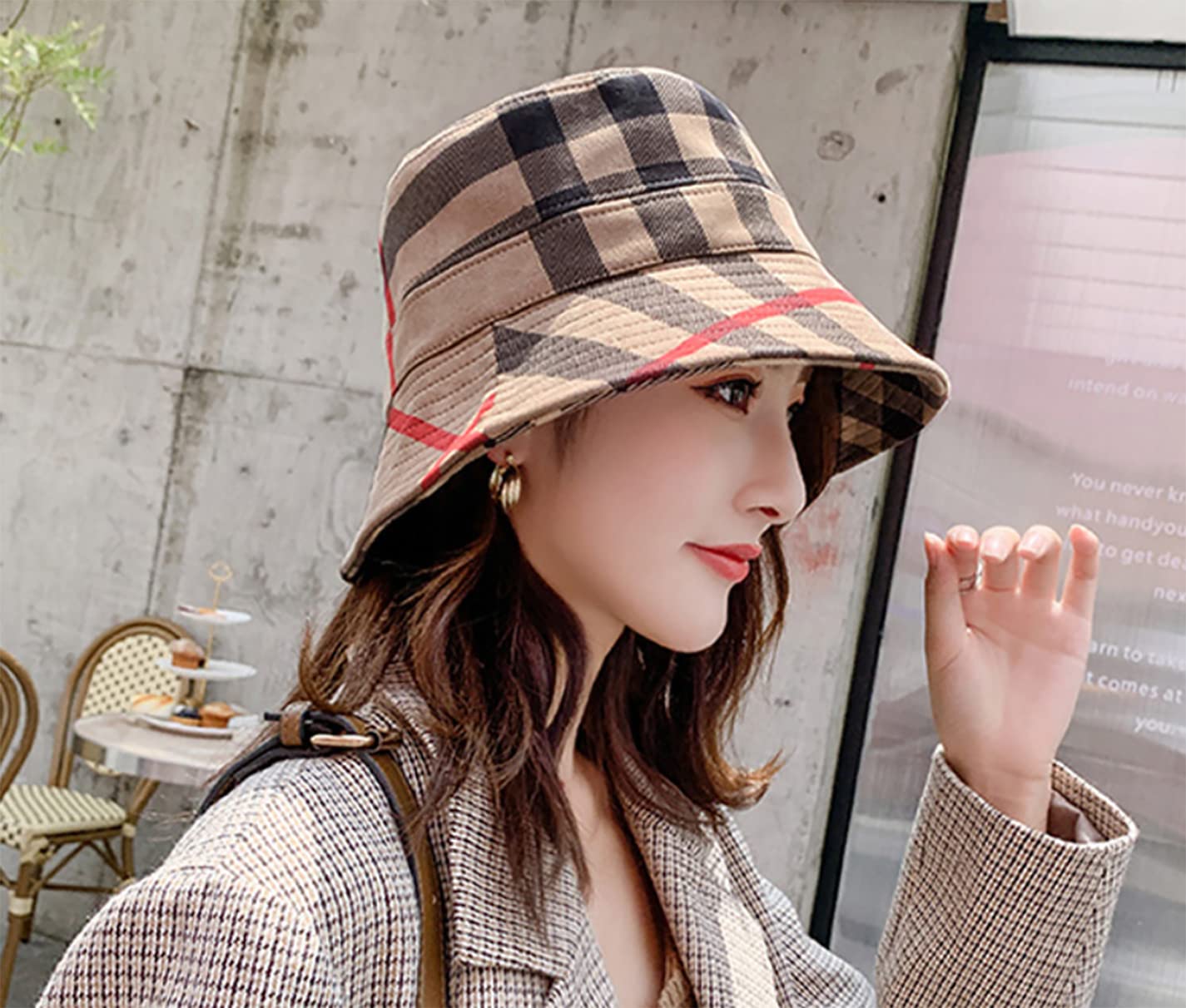 RUINUO Plaid Bucket Hat Women Soft Sun Hat for Spring Summer Autumn Winter Travel Velvet Tartan Packable Bucket Hats Kaki