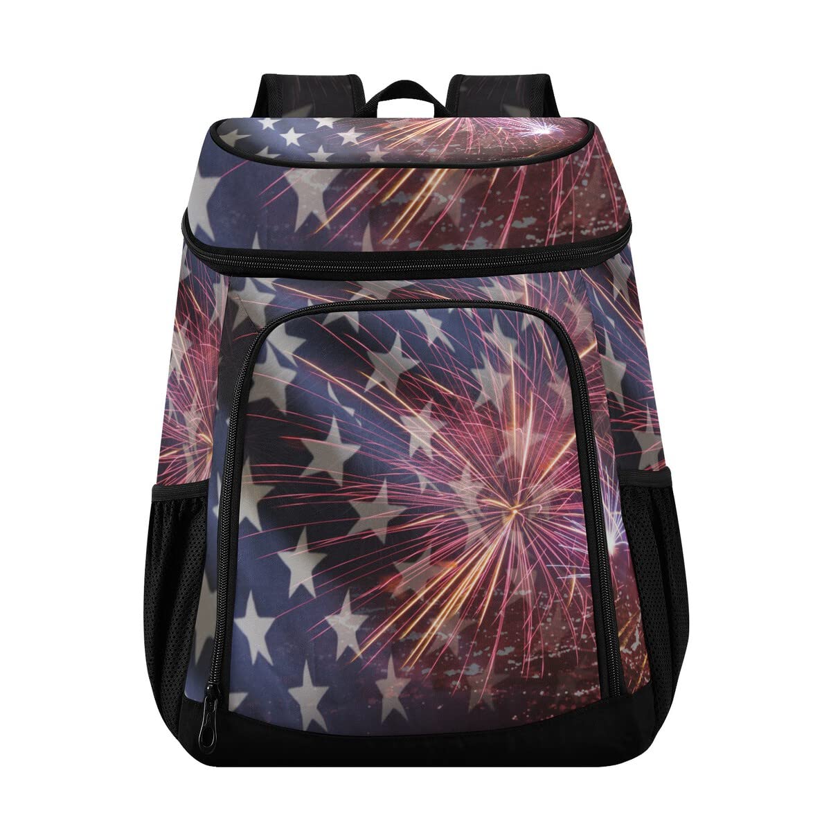 American Flag Firework Memorial Cooler Backpack Leakproof Backpack Cooler Insulated Lunch Cooler Bag 30 Cans Camping Coolers for Picnic Beach Road Trip